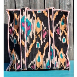 Quilted Indian Tote Bag (Black Ikat)