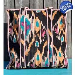Quilted Indian Tote Bag (Black Ikat)