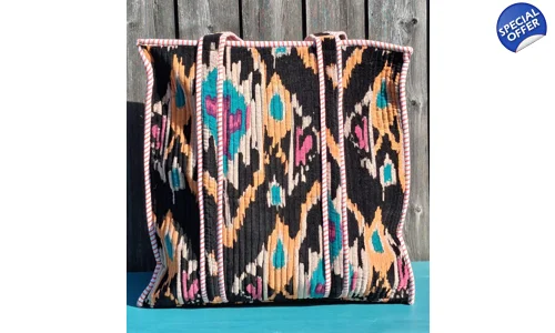 Quilted Indian Tote Bag (Black Ikat)