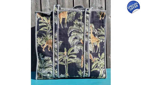 Quilted Indian Tote Bag (Black Jungle)