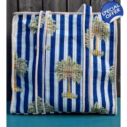 Quilted Indian Tote Bag (Blue White Striped)