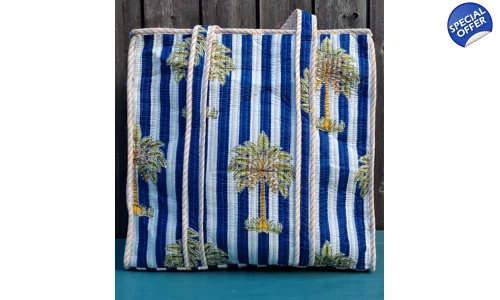 Quilted Indian Tote Bag (Blue White Striped)