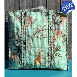 Quilted Indian Tote Bag (Green Giraffe)