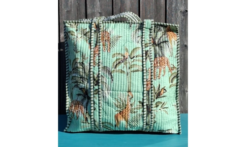 Quilted Indian Tote Bag (Green Giraffe)