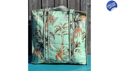 Quilted Indian Tote Bag (Green Giraffe)