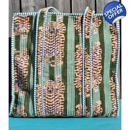 Quilted Indian Tote Bag (Green Striped Tiger)