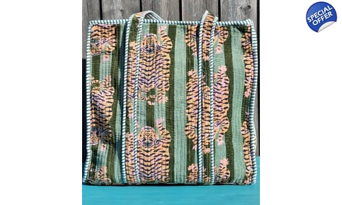 Quilted Indian Tote Bag (Green Striped Tiger)