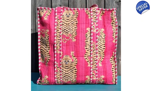 Quilted Indian Tote Bag (Pink Tiger)