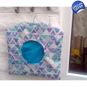 Lined blue cotton peg bag with hanger, purple triangles Laundry Bag, handmade in Yorkshire