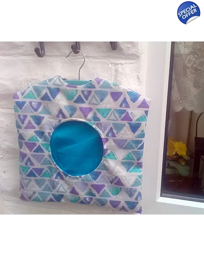 Lined blue cotton peg bag with hanger, purple triangles Laundry Bag, handmade in Yorkshire Lined blue cotton peg bag with hanger, purple triangles Laundry Bag, handmade in Yorkshire
