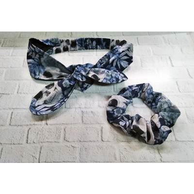 Gothic skulls blue Headband, Blue Skulls Print cotton scrunchie handmade in Yorkshire