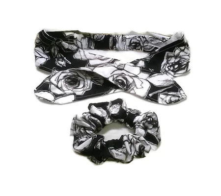 Black Rose Headband, Black floral hair accessory, cotton reusable elasticated