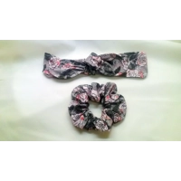 Grey and Pink Roses Tie Headband and Scrunchie, floral hairband, cotton reusable