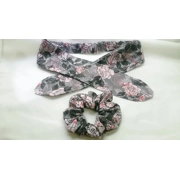 Grey and Pink Roses Tie Headband and Scrunchie, floral hairband, cotton reusable