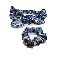 Gothic skulls blue Headband, Blue Skulls Print cotton scrunchie handmade in Yorkshire