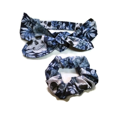 Gothic Skull Headband: Blue Halloween Cotton Hair Tie, Blue Scrunchie