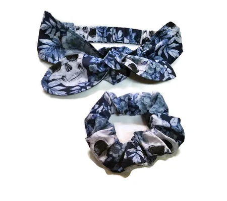 Gothic skulls tie Knot blue Headband, Blue Skulls Print cotton scrunchie handmade in Yorkshire