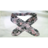 Grey and Pink Roses Tie Headband and Scrunchie, floral hairband, cotton reusable