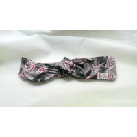 Grey and Pink Roses Tie Headband and Scrunchie, floral hairband, cotton reusable