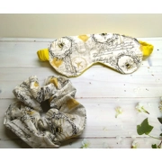 Bee cotton fabric sleep mask, padded beauty mask and bee scrunchie, letterbox gift hand
