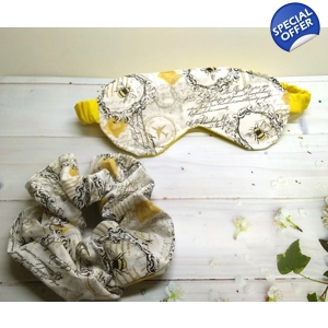 Bee cotton fabric sleep mask, padded beauty mask and bee scrunchie, letterbox gift hand