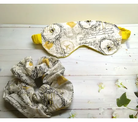 Bee cotton fabric sleep mask, padded beauty mask and bee scrunchie, letterbox gift hand