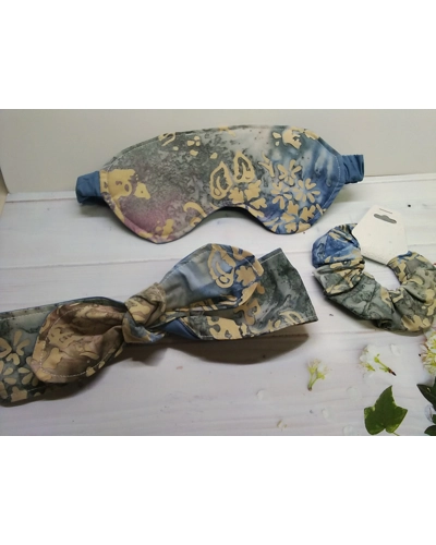 Batik self tie headband, blue batik scrunchie, batik sleep mask Batik self tie headband, blue batik scrunchie, batik sleep mask