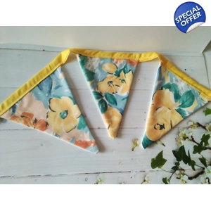 Yellow flowers cotton bunting & bag, 10 flags double sided, 2.6 metres