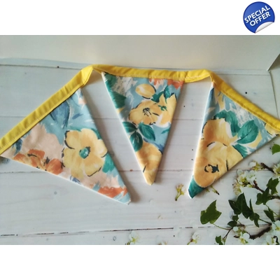 Yellow flowers cotton bunting & bag, 10 flags double sided, 2.6 metres