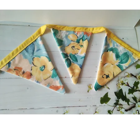 Yellow flowers cotton bunting & bag, 10 flags double sided, 2.6 metres