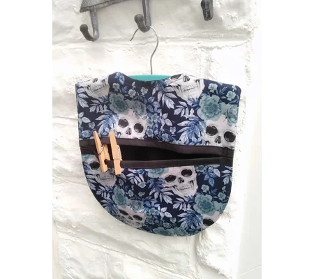 Blue peg bag skulls print cotton lined laundry bag, wood hanger included, handmade in Yorkshire