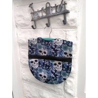 Blue peg bag skulls print cotton lined laundry bag, wood hanger included, handmade in Yorkshire