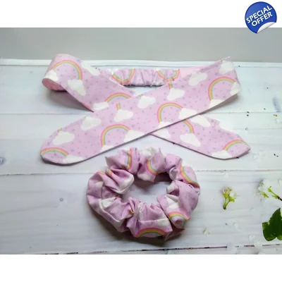 Pink Rainbow Cotton Headband & Scrunchie Set - Handmade Hair Accessories