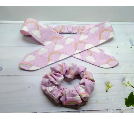 Pink Rainbow Cotton Headband & Scrunchie Set - Handmade Hair Accessories