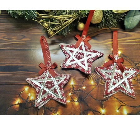 Christmas red and silver star tee decoration, Reusable Fabric Tree Ornament