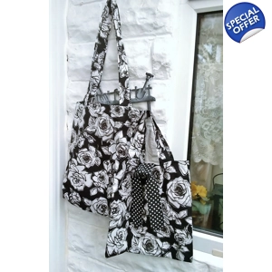 Black roses shoulder bag, eco friendly reusable cotton bag for life, made in Yorkshire