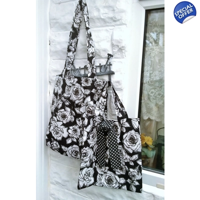 Black roses shoulder bag, eco friendly reusable cotton bag..