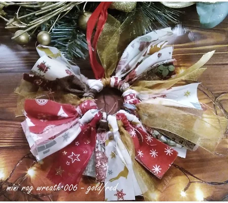 Red gold Mini rag wreath Christmas Tree Decoration eco friendly Fabric Ornament made in Yorkshire se