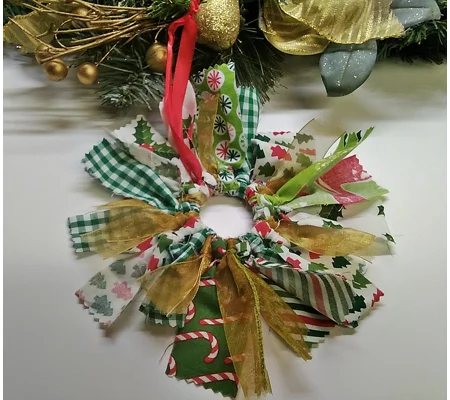 Mini wreath, green gold ribbon eco friendly christmas tree decoration fabric ornament secret santa s