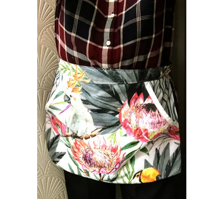Upcycled Parrot Apron, fully lined cotton peg apron with front pocket and tie waist handmade in York