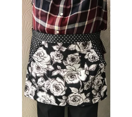Black white roses half apron and tie waist peg apron fully lined cotton pinny, letter box gift made