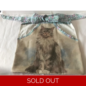 Cat themed linen apron, front pocket and tie waist fully lined half apron letter box gift handmade i