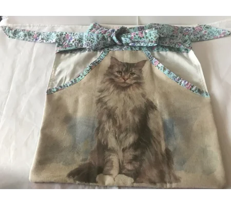 Cat themed linen apron, front pocket and tie waist fully lined half apron letter box gift handmade i