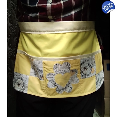 Yellow Half Apron with Patchwork Applique Lined Cotton Pinny with Pockets