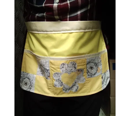 Yellow Half Apron with Patchwork Applique Lined Cotton Pinny with Pockets