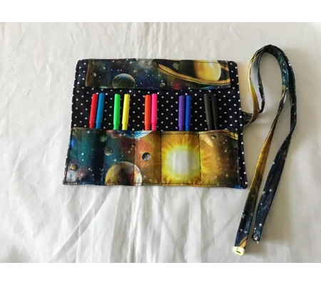 Back to school pencil case for kids, space fabric pencil roll, cotton fabric stationary pouch, handm