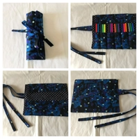 Cat roll up pencil case, green kids cotton pencil roll, pencil pouch