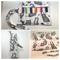 Back to school pencil case for kids, grey cats fabric pencil roll, cotton fabric stationary pouch, h