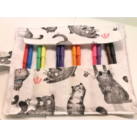 Back to school pencil case for kids, grey cats fabric pencil roll, cotton fabric stationary pouch, h
