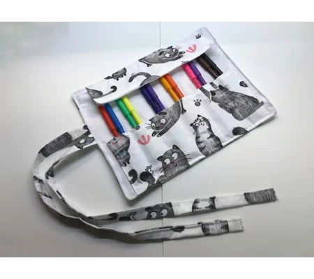 Back to school pencil case for kids, grey cats fabric pencil roll, cotton fabric stationary pouch, h
